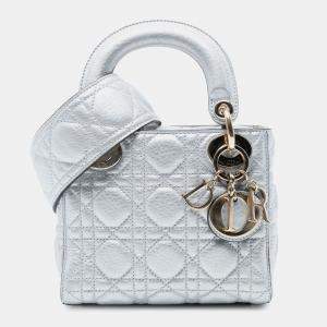 Pre Owned حقيبة ديور ليدي ديور صغيرة فضية معدنية جلد العجل محببة كاناج