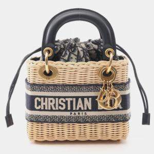 مملوكة مسبقًا حقيبة ديور ليدي ديور قماش جلد وقش بيج/كحلي