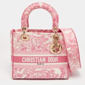 Pre Owned Dior Lady D-Lite Medium Pink/White Toile de Jouy Embroidered Canvas Tote