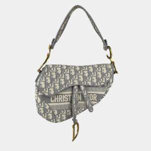 Pre Owned Christian Dior Saddle Bag Canvas Gray White Gold
