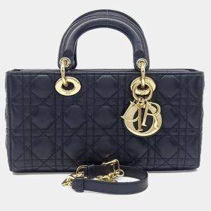 مملوكة مسبقًا حقيبة ديور ليدي دي-جوي جلد أسود صغيرة