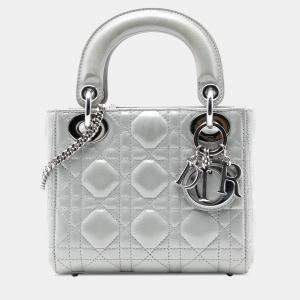 مملوكة مسبقًا Dior Silver Mini Iridescent Lambskin Cannage Lady Dior