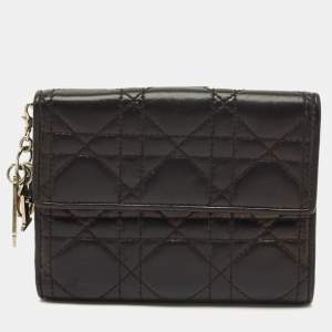 Pre Owned Dior Lady Dior Black Cannage Leather French Wallet