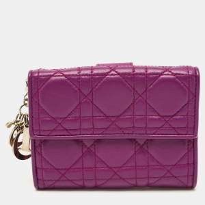 Pre Owned Dior Lady Dior Purple Cannage Leather French Wallet