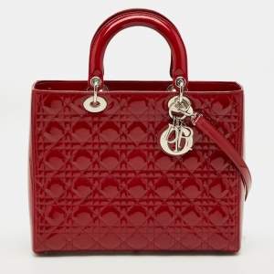 Pre Owned Dior Lady Dior Large Red Cannage Patent Leather Tote