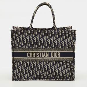 مملوكة مسبقًا Dior Book Large Navy Blue Oblique Embroidered Canvas Tote
