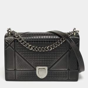 مملوكة مسبقًا Dior Diorama Medium Dark Grey Metallic Micro Cannage Patent Leather Shoulder Bag