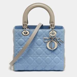 Pre Owned Dior Lady Dior Light Blue/Grey Medium Cannage Leather Tote
