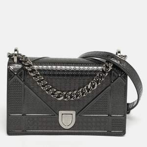 Pre Owned Dior Diorama Small Dark Grey Microcannage Patent Leather Flap Bag