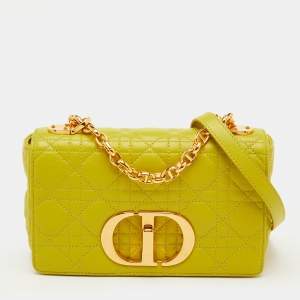 مملوكة مسبقًا Dior Caro Small Lime Yellow Cannage Leather Shoulder Bag