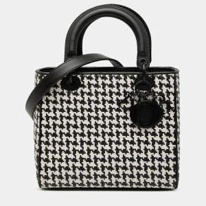 Pre Owned Dior Black White Medium Calfskin Woven Houndstooth Lady Dior