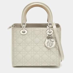 مملوكة مسبقًا Dior Lady Dior Medium Grey Cannage Patent Leather Tote