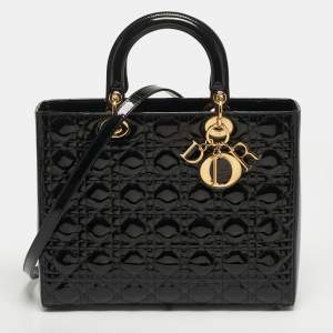 مملوكة مسبقًا Dior Lady Dior Large Black Cannage Patent Leather Tote
