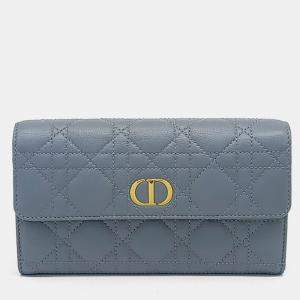 مملوكة مسبقًا Dior Blue Leather Caro Orchid Long Wallet