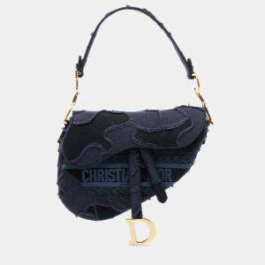 Pre Owned Dior Blue Camouflage Embroidered Canvas Saddle Bag
