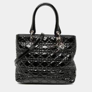 Pre Owned Dior Black Medium Patent Cannage Lady Dior Soft Shopping Tote