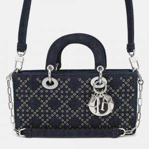 Pre Owned Dior Eyelet Detail Ladies D-Joy 2-Way Bag Navy Denim Size Medium