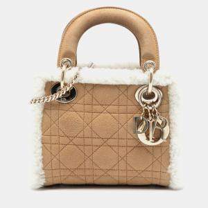 Pre Owned Dior Brown Mini Suede Cannage with Shearling Trim Lady Dior