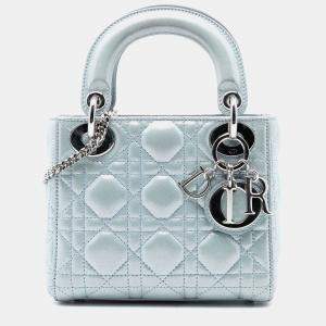 Pre Owned Dior Blue Mini Iridescent Lambskin Cannage Lady Dior