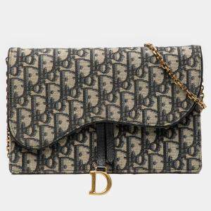 Pre Owned Dior Blue Oblique Canvas Saddle Wallet On Chain