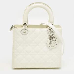 مملوكة مسبقًا Dior Lady Dior Medium Off White Cannage Patent Leather Tote