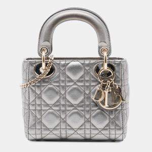 مملوكة مسبقًا Dior Silver Mini Metallic Lambskin Cannage Lady Dior