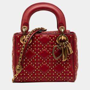 مملوكة مسبقًا Dior Red Mini Lambskin Cannage Studded Supple Lady Dior