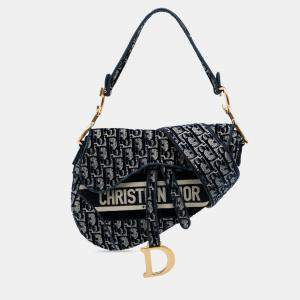 مملوكة مسبقًا Dior Blue Oblique Embroidered Velvet Saddle Bag