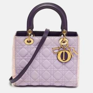 Pre Owned Dior Lady Dior Medium Purple/Pink Cannage Leather Tote
