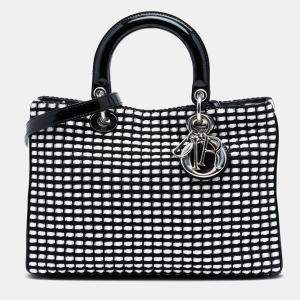 مملوكة مسبقًا Dior Black White Medium Patent and Tweed Diorissimo Satchel