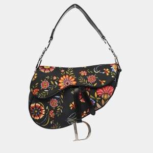 Pre Owned Christian Dior Black Canvas Floral Saddle Handbag