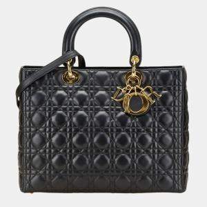 مملوكة مسبقًا حقيبة يد/كتف ديور كاناج ليدي كبيرة جلد حمل أسود