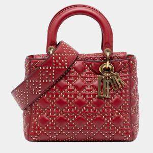 Pre Owned Dior Red Medium Studded Calfskin Lady Dior
