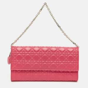 مملوكة مسبقًا Dior Lady Dior Pink/Orange Cannage Coated Leather Wallet On Chain
