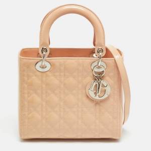 Pre Owned Dior Lady Dior Medium Beige Cannage Patent Leather Tote
