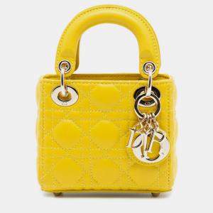 Pre Owned Dior Yellow Micro Lambskin Cannage Lady Dior