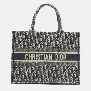 Pre Owned Dior Book Medium Navy Blue Oblique Embroidered Canvas Tote