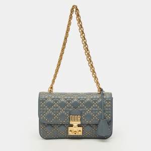 Pre Owned Dior DiorAddict Medium Grey Studded Cannage Leather Shoulder Bag