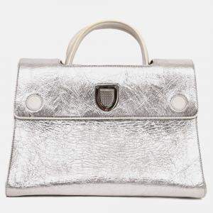 Pre Owned Christian Dior Silver Crinkle Leather 'Diorever' Medium Top Handle with Strap