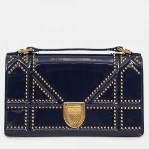 Pre Owned Christian Dior 2017 Navy Patent Studded Mini Diorama Top Handle Bag With Pouch