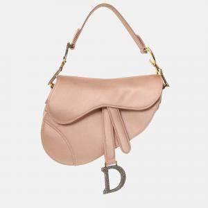 Pre Owned Christian Dior 2019 Pink Satin Crystal Embellished Mini Saddle Bag