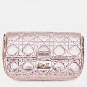 Pre Owned Christian Dior 2014 Pink Metallic Cannage Leather 'Miss Dior' Wallet on Chain