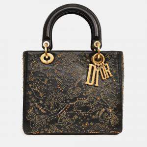 Pre Owned Christian Dior 2017 Black Leather Zodiac Embroidered Medium Lady D-Lite Bag with Strap