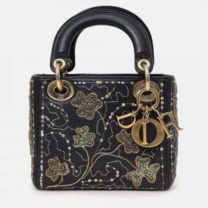 Pre Owned Christian Dior 2018 Black Leather Gold 'Clovers' Embroidered Mini Lady Dior