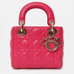 Pre Owned Christian Dior 2016 Pink Cannage Leather Mini Lady Dior With Strap
