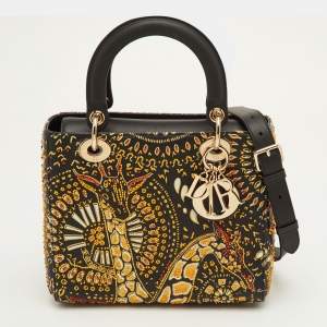 مملوكة مسبقًا Dior Lady Dior Medium Black Leather Animals Embroidered Tote