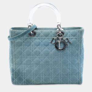 Pre Owned Dior Blue Large Denim Cannage Acrylic Handles Lady Dior
