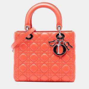 Pre Owned Dior Orange Medium Lambskin Cannage Lady Dior
