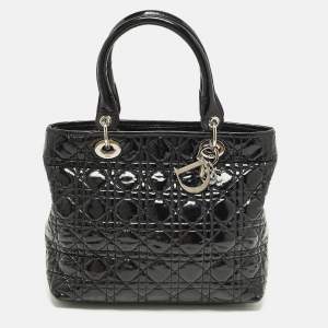 Pre Owned Dior Soft lady Dior Black Cannage Patent Leather Tote