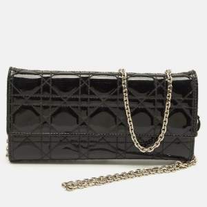 مملوكة مسبقًا Dior Lady Dior Black Cannage Patent Leather Chain Clutch